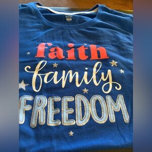 Faith Family Freedom Graphic Tee - Blue with Red & Metallic Accents